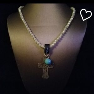 Pearl colored beaded cross necklace, Religious